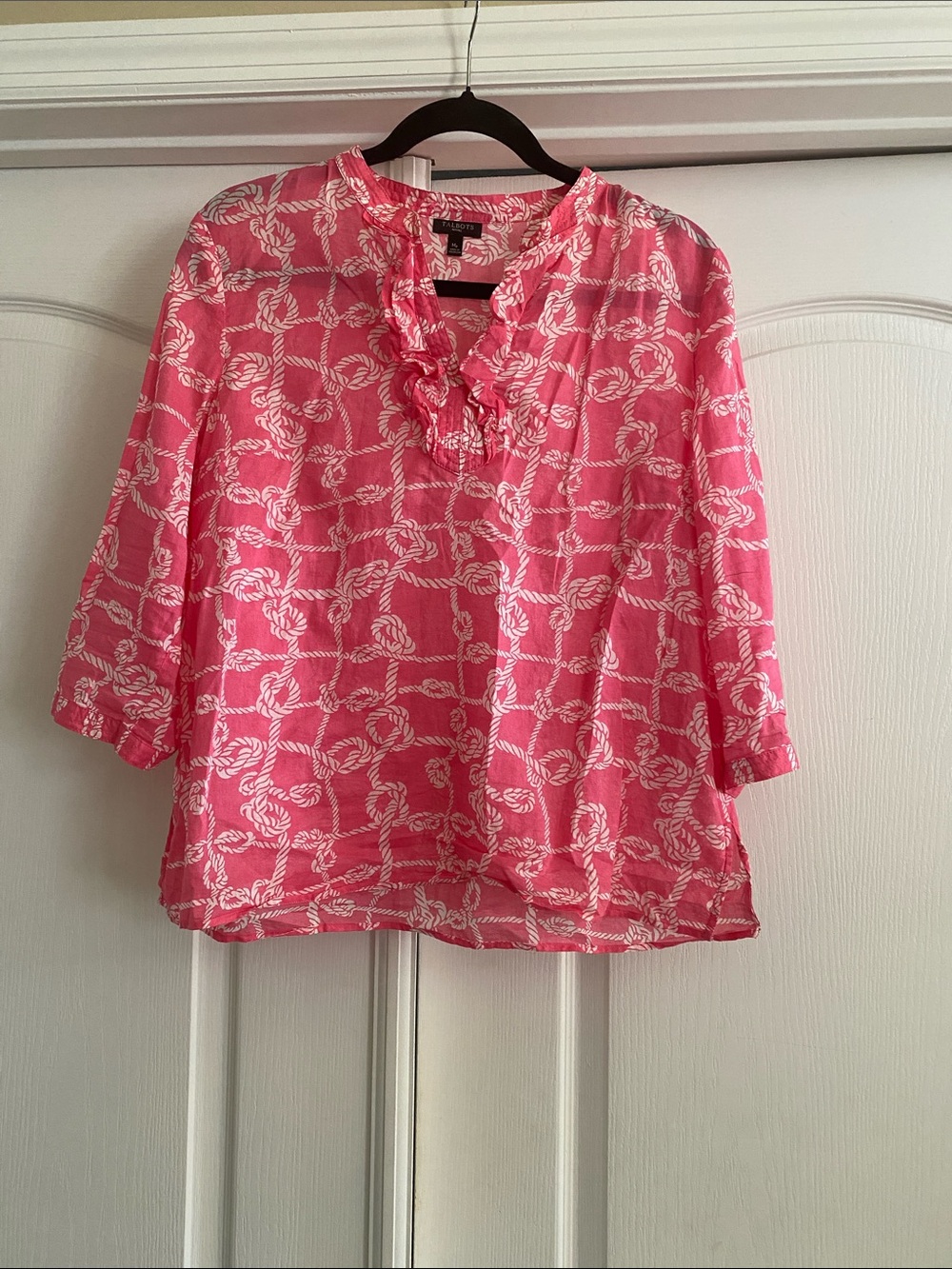 Talbots Pink Rope-Print Ruffle V-Neck Blouse (Bright Pink & White)